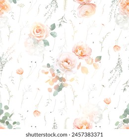 Coral pink rose, white hydrangea, peach ranunculus, orange poppy, sage blush greenery vector design wedding spring seamless pattern. Floral summer watercolor print. Elements are isolated and editable