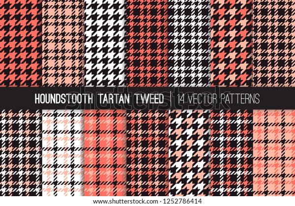 Coral, Pink, White and Black Houndstooth Tartan\
Tweed Vector Pattern Tile. Living Coral - 2019 Color of the Year.\
Fashion Textile Print. Dogs-tooth Check Fabric Textures. Pattern\
Tile Swatch Included.