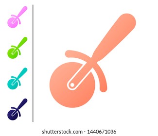 Coral Pizza knife icon isolated on white background. Pizza cutter sign. Steel kitchenware equipment. Set color icons. Vector Illustration
