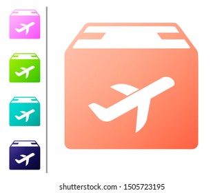 Coral Plane and cardboard box icon isolated on white background. Delivery, transportation. Cargo delivery by air. Airplane with parcels, boxes. Set color icons. Vector Illustration