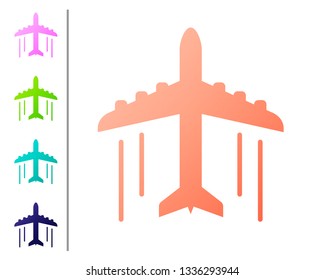 Coral Plane icon isolated on white background. Flying airplane icon. Airliner sign. Set icon in color buttons. Vector Illustration