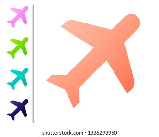Coral Plane icon isolated on white background. Flying airplane icon. Airliner sign. Set icon in color buttons. Vector Illustration