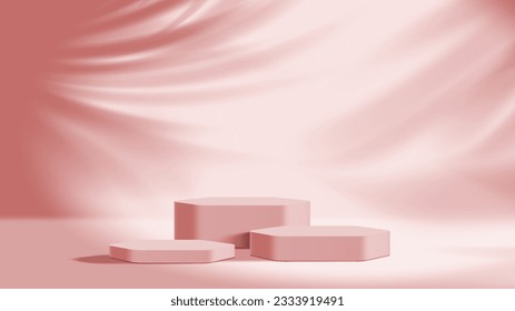 Coral podium mockup. Studio showroom scene, fashion showcase empty pedestal or cosmetics product presentation display realistic vector podium. Exhibition gallery, shop mock up platform background