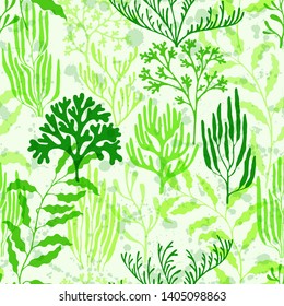 Coral polyps seamless pattern. Kelp laminaria seaweed algae background. Exotic marine life pattern. Caribbean staghorn and pillar corals diversity. Marine water plants wallpaper vector graphics.
