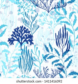 Coral polyps seamless pattern. Kelp laminaria seaweed algae background. Underwater plants textile print vector design. Ocean bottom summer pattern. Tropical coral reef branch silhouette elements.