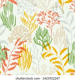 Coral polyps seamless pattern. Kelp laminaria seaweed algae background. Aquatic plants repeating vector background. Red Sea coral reef branches and bushes cartoon. Organic botanical pattern.