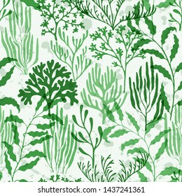 Coral polyps seamless pattern. Kelp laminaria seaweed algae background. Mediterranean staghorn and pillar corals bushes. Ocean bottom summer pattern. Underwater plants fabric vector illustration.