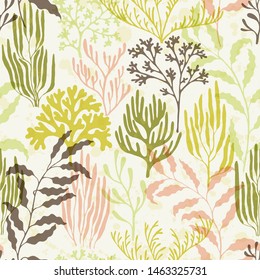 Coral polyps seamless pattern. Kelp laminaria seaweed algae background. Aquarium water plants summer vector design. Natural summer pattern. Ocean depth undersea bottom coral reef flourish.