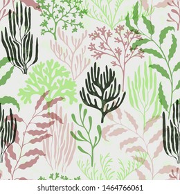 Coral polyps seamless pattern. Kelp laminaria seaweed algae background. Underwater plants fabric vector illustration. Natural summer pattern. Australian staghorn and pillar corals branches.