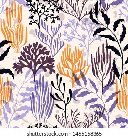 Coral polyps seamless pattern. Kelp laminaria seaweed algae background. Abstract Great Barrier Reef corals background. Sea reef nature pattern. Aquarium water plants summer vector design.