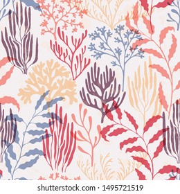 Coral polyps seamless pattern. Kelp laminaria seaweed algae background. Marine water plants wallpaper vector graphics. Exotic marine life pattern. Caribbean staghorn and pillar corals diversity.