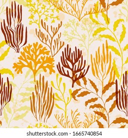 Coral polyps seamless pattern. Kelp laminaria seaweed algae background. Underwater plants textile print vector design. Ocean bottom summer pattern. Ocean depth undersea bottom coral reef flourish.
