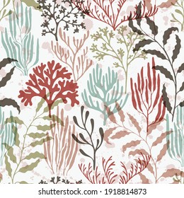 Coral polyps seamless pattern. Kelp laminaria seaweed algae background. Aquarium water plants summer vector design. Sea reef nature pattern. Australian staghorn and pillar corals branches.