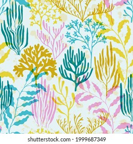 Coral polyps seamless pattern. Kelp laminaria seaweed algae background. Tropical coral reef bush silhouette elements. Undersea reef flora pattern. Aquatic plants repeating vector background.