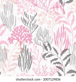 Coral polyps seamless pattern. Kelp laminaria seaweed algae background. Aquatic plants repeating vector background. Sea reef nature pattern. Tropical coral reef bush silhouette elements.