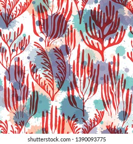 Coral polyps seamless pattern. Paint splashes drops watercolor background. Caribbean staghorn and pillar corals diversity. Ocean bottom summer pattern. Underwater plants fabric vector illustration.