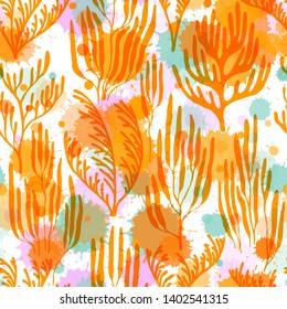 Coral polyps seamless pattern. Paint splashes drops watercolor background. Organic botanical pattern. Aquatic plants repeating vector background. Tropical coral reef branch silhouette elements.