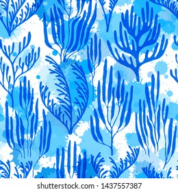 Coral polyps seamless pattern. Paint splashes drops watercolor background. Aquatic plants repeating vector background. Ocean bottom summer pattern. Abstract Great Barrier Reef corals background.