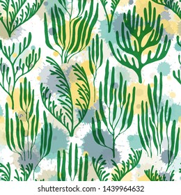 Coral Polyps Seamless Pattern. Paint Splashes Drops Watercolor Background. Underwater Plants Fabric Vector Illustration. Caribbean Staghorn And Pillar Corals Diversity. Natural Summer Pattern.