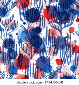 Coral polyps seamless pattern. Paint splashes drops watercolor background. Underwater plants fabric vector illustration. Organic botanical pattern. Ocean depth undersea bottom coral reef flourish.