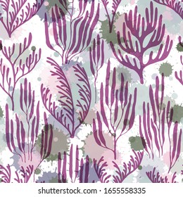 Coral polyps seamless pattern. Paint splashes drops watercolor background. Underwater plants fabric vector illustration. Natural summer pattern. Abstract Great Barrier Reef corals background.