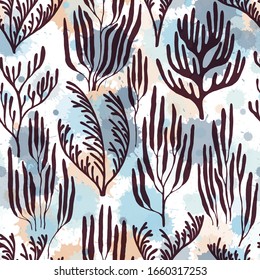Coral polyps seamless pattern. Paint splashes drops watercolor background. Underwater plants fabric vector illustration. Mediterranean staghorn and pillar corals bushes. Exotic marine life pattern.