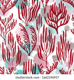 Coral polyps seamless pattern. Paint splashes drops watercolor background. Natural summer pattern. Tropical coral reef branch silhouette elements. Aquatic plants repeating vector background.