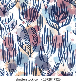 Pólipos de coral sin fisuras. Las salpicaduras de pintura dejan caer el fondo de las acuarelas. Plantas acuáticas que repiten fondo vectorial. Patrón natural de verano. Fondo abstracto de los corales de la Gran Barrera de Coral.