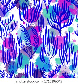 Coral polyps seamless pattern. Paint splashes drops watercolor background. Aquarium water plants summer vector design. Natural summer pattern. Caribbean staghorn and pillar corals diversity.