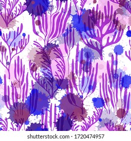 Pólipos de coral sin fisuras. Las salpicaduras de pintura dejan caer el fondo de las acuarelas. Patrón natural de los arrecifes marinos. Ramas australianas de corales de pilar y de estancamiento. Ilustración vectorial de tela de plantas subacuáticas.