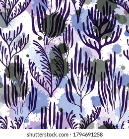 Coral polyps seamless pattern. Paint splashes drops watercolor background. Ocean bottom summer pattern. Ocean depth undersea bottom coral reef flourish. Aquatic plants repeating vector background.