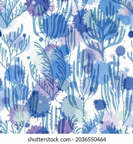 Coral polyps seamless pattern. Paint splashes drops watercolor background. Mediterranean staghorn and pillar corals bushes. Underwater plants fabric vector illustration. Natural summer pattern.