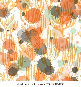 Coral polyps seamless pattern. Paint splashes drops watercolor background. Organic botanical pattern. Abstract Great Barrier Reef corals background. Aquatic plants repeating vector background.