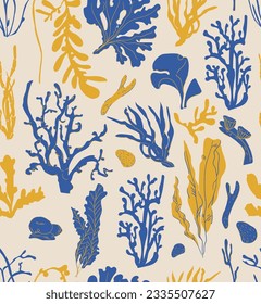 Coral polyps and seaweed seamless pattern vector. Blue and yellow Kelp laminaria algae on beige background. Sea reef nature Underwater plants illustration for cover, fabric, wallpaper, wrapping paper