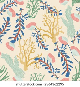 Coral polyps and seaweed seamless vector pattern on beige background. Kelp laminaria algae Sea reef nature illustration. Underwater plants print for fabric, textile, wallpaper or wrapping paper, cover