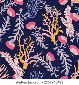 Coral polyps and seaweed seamless vector pattern on purple background. Kelp laminaria algae Sea reef nature illustration. Underwater plants print for fabric, cover, textile, wallpaper, wrapping paper