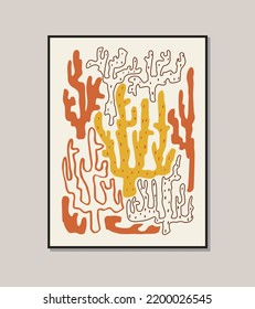 Coral poster. Matisse art style random organic shapes in freehand. Floral art. Boho Decor. Vector illustration.