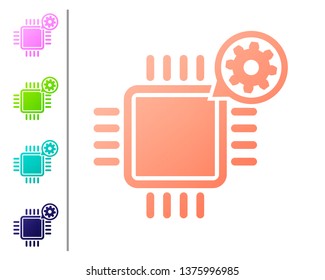 Coral Processor and gear icon isolated on white background. CPU, chip service concept. Adjusting app, setting options, maintenance, repair, fixing. Set color icons. Vector Illustration