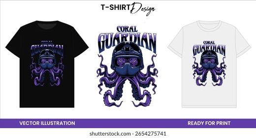 Coral Protector – Purple Octopus with Helmet Graphic Tee Design
