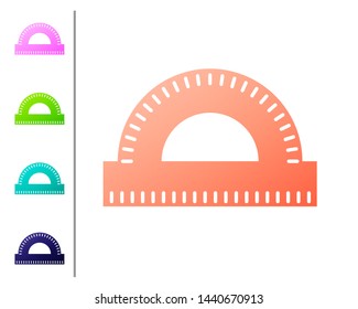 Coral Protractor grid for measuring degrees icon isolated on white background. Tilt angle meter. Measuring tool. Geometric symbol. Set color icons. Vector Illustration