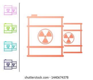 Coral Radioactive waste in barrel line icon isolated on white background. Toxic refuse keg. Radioactive garbage emissions, environmental pollution. Set color icons. Vector Illustration