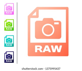 Coral RAW file document icon. Download raw button icon isolated on white background. RAW file symbol. Set color icons. Vector Illustration