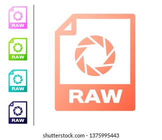 Coral RAW file document icon. Download raw button icon isolated on white background. RAW file symbol. Set color icons. Vector Illustration