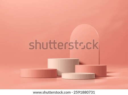 Coral red 3D cylindrical podium background with arch backdrop. Studio wall scene. Minimalist mockup pedestal. Abstract stand product display presentation. Stage for showcase. Vector platform design.