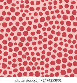 Coral red abstract polka dot seamless repeat pattern. Round spots, geometric shapes aop, all over surface print on coral pink background.