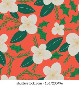 Coral Red with cream christmas florals and green leaves seamless pattern background design.