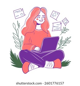 Coral Red Female Working on Laptop in Nature Inspired Cozy Workspace, Vector Design, Isolated