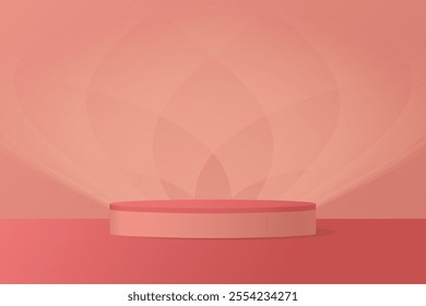 Coral red and orange background with cylinder podium and glowing background	