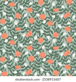 Coral vermelho, pêssego e branco arbustos de rosas selvagens e folhas verdes da floresta formando uma parede floral com um fundo verde sábio. Padrão retrô. Um padrão vetorial contínuo. Ótimo para decoração de casa, tecido.