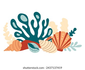 Coral reef with algae, seaweed and seashells in various types. Trendy colors design, flat style